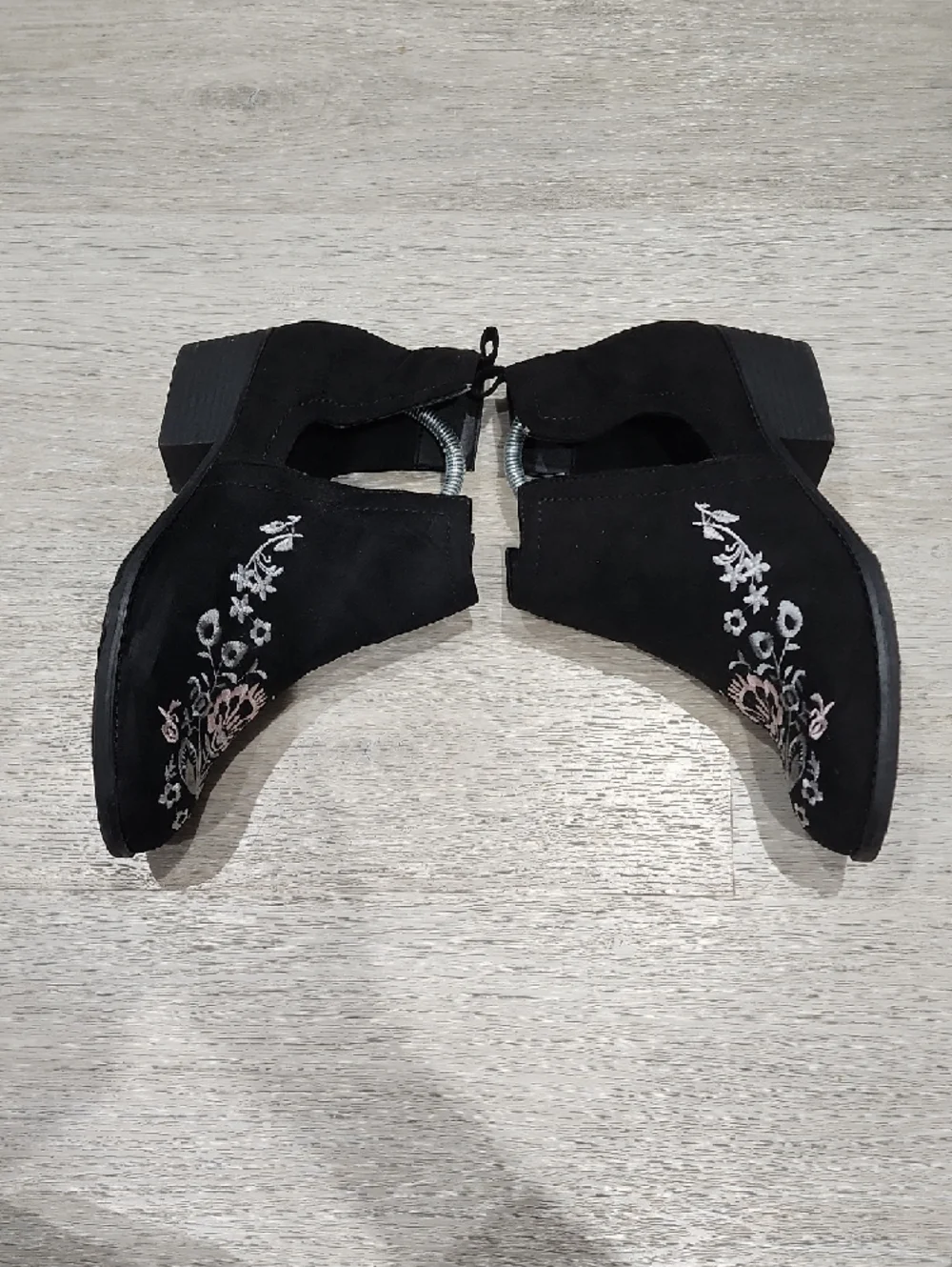 Olivia Miller Black Suede Ankle Booties with Pink & Silver Floral Embroidery 10 - Picture 6 of 8